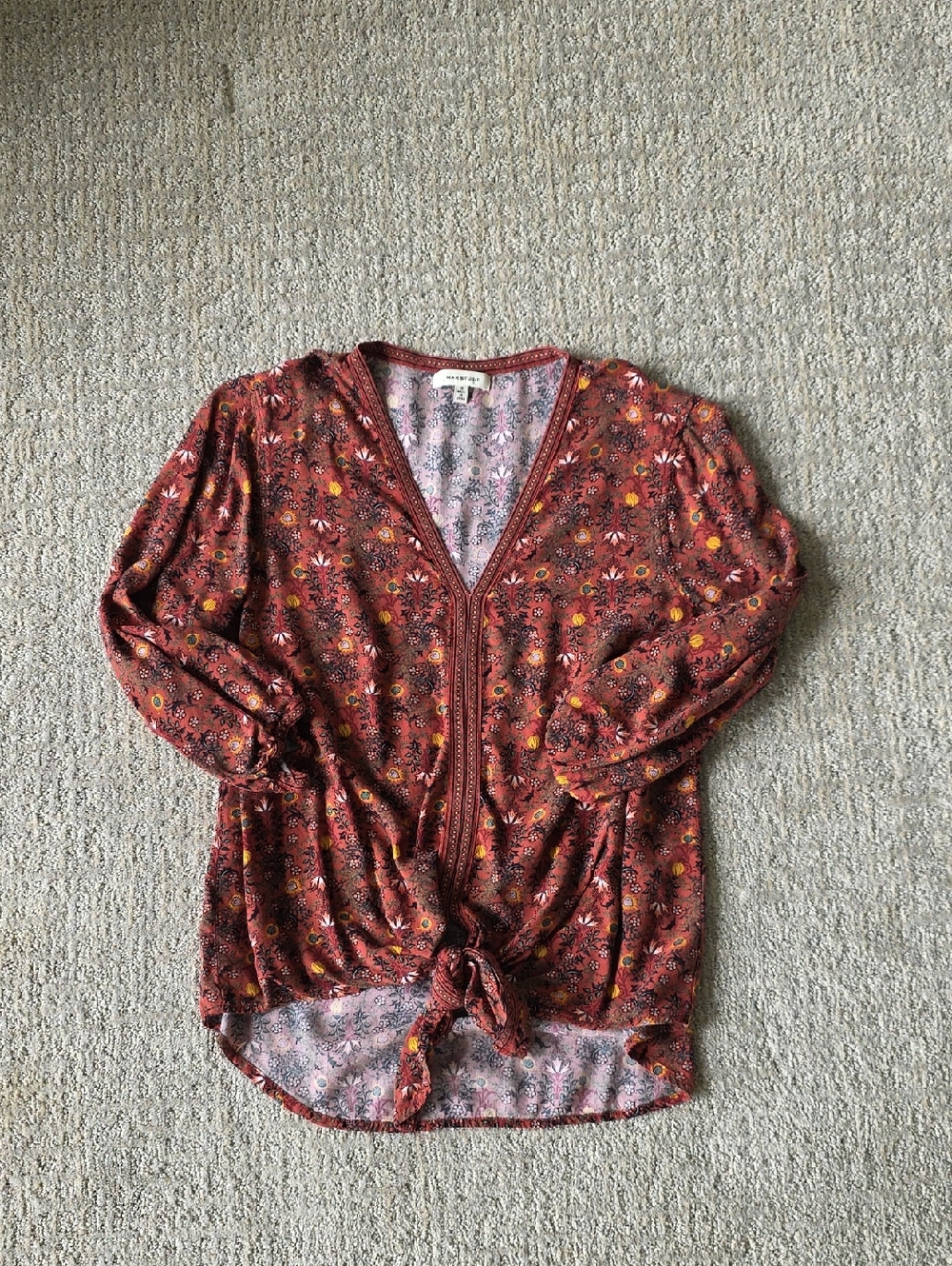 Max Studio Rust Floral Tie-Front V-Neck Blouse
